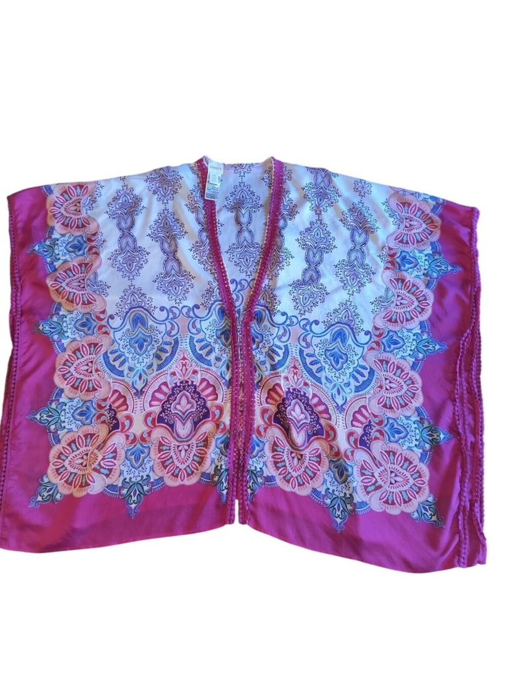 Chicos One Size Pink & Blue Paisley Print Kimono Ruana With Trimmed Details